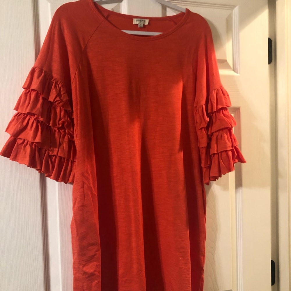 Coral color Woman’s Dress with tiered ruffle sleeves, 100% cotton & has pockets!